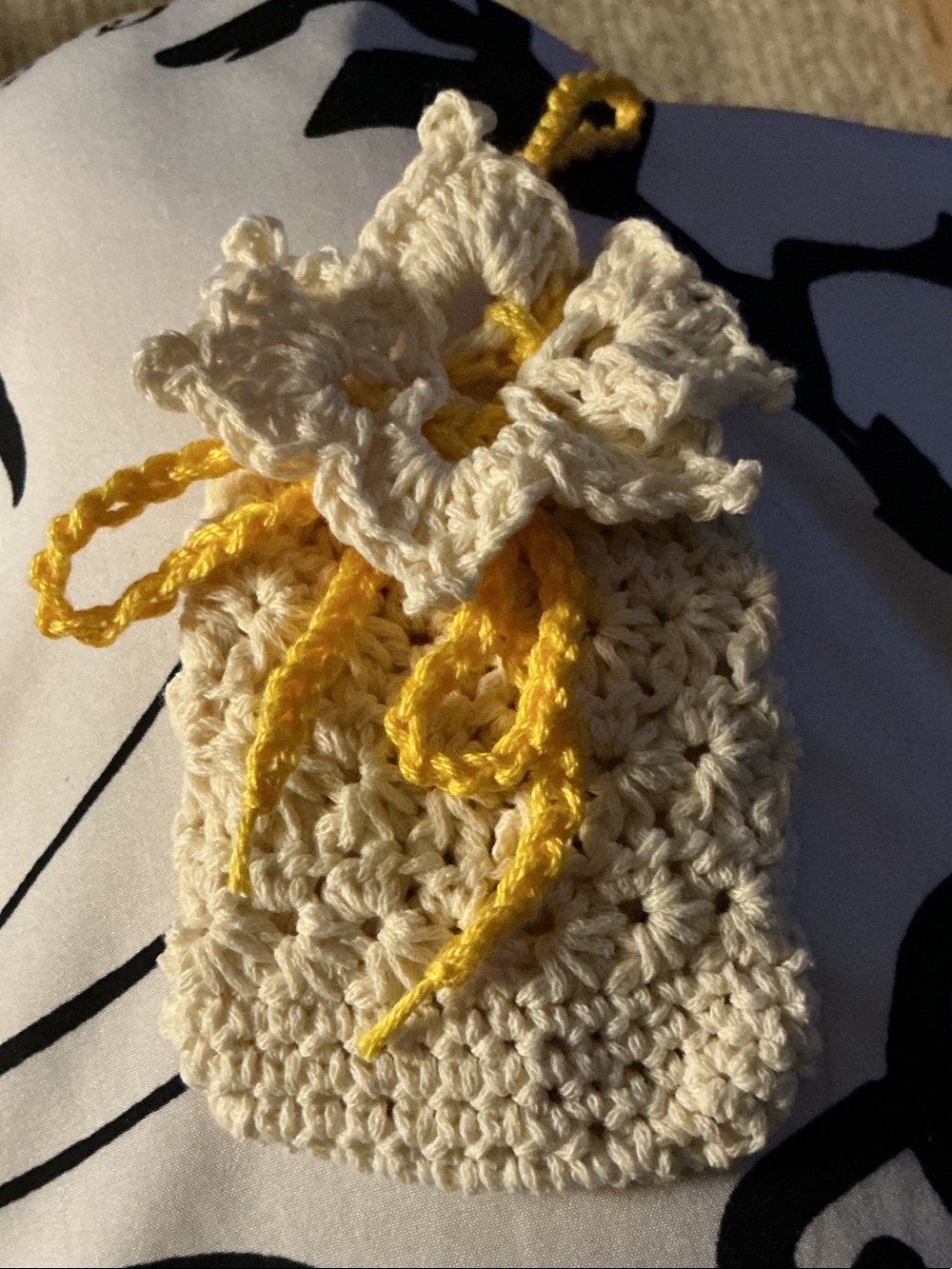 Cream Crochet Drawstring Soap Saver pouch with Yellow Accents